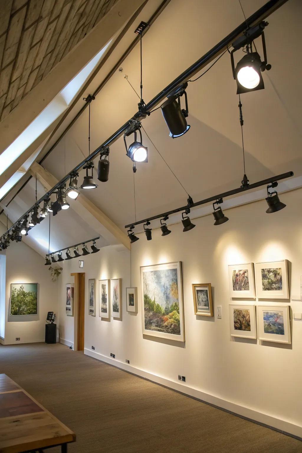 Spotlights bring focus to art pieces and architectural features.