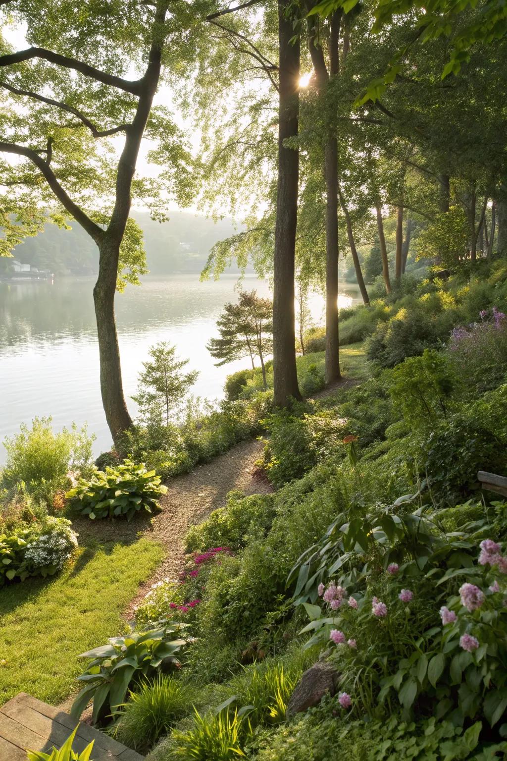 A serene cool haven offering relaxing comfort by the lake.