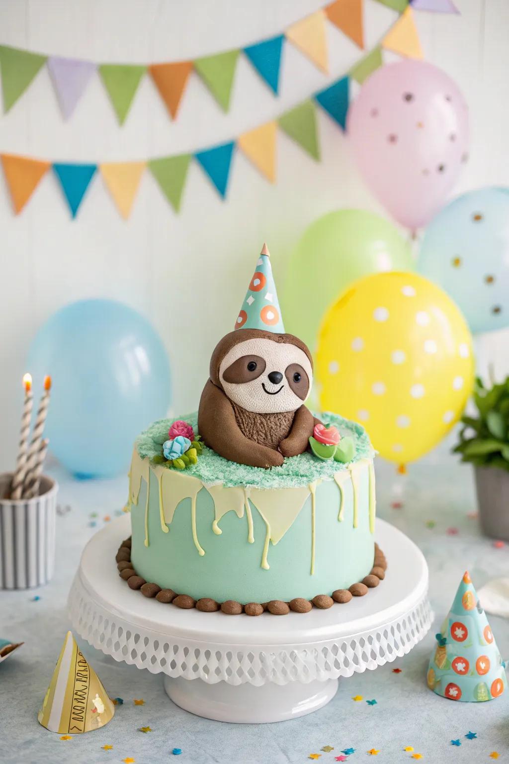 Revelry headgear infuses a celebratory elegance into the slumbering creature cake.