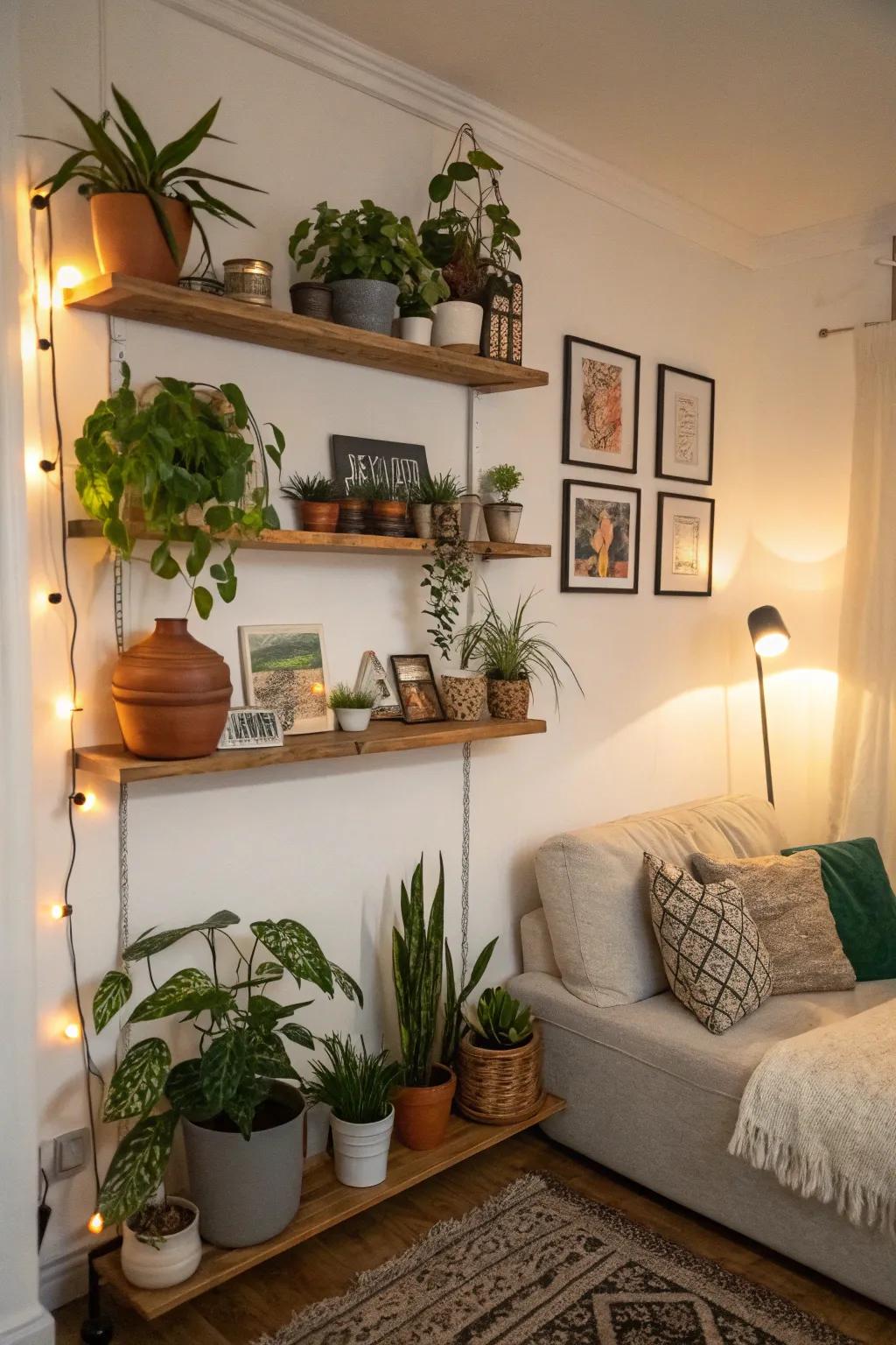 Hanging shelves create display space without cluttering the floor.