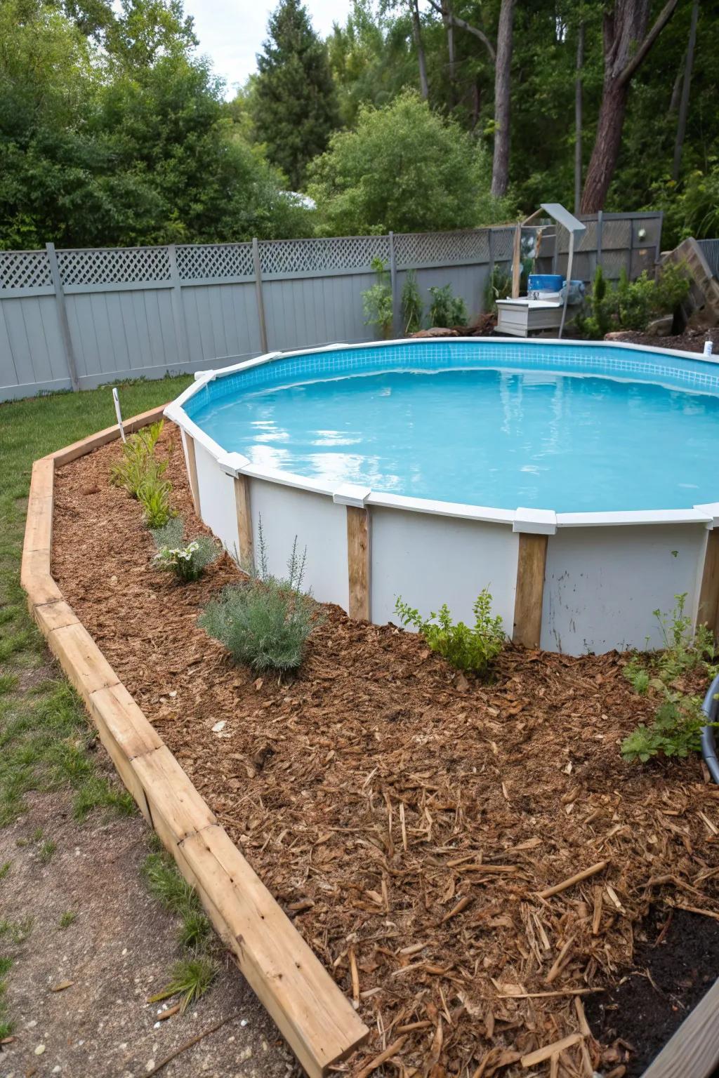 Natural woodchips providing a practical and attractive ground cover around an above-ground pool.