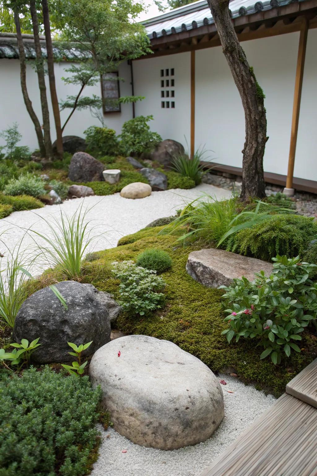 For dynamic balance, a zen garden features an uneven arrangement of stones and plants.