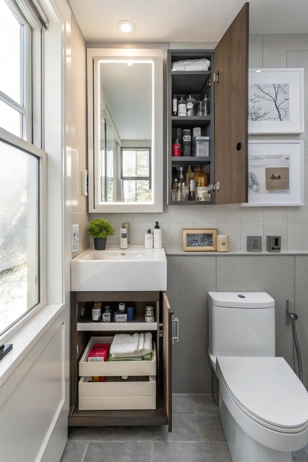 Concealed storage options keep a small bathroom organized.