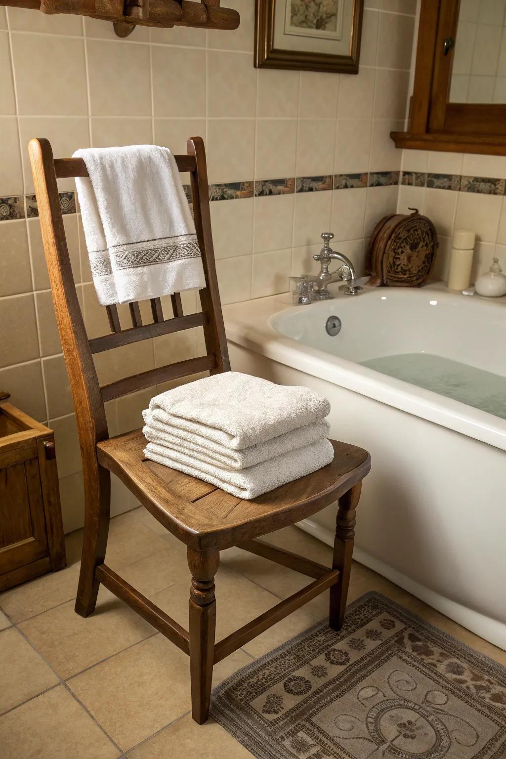 Bring personality with repurposed furniture for towel storage.