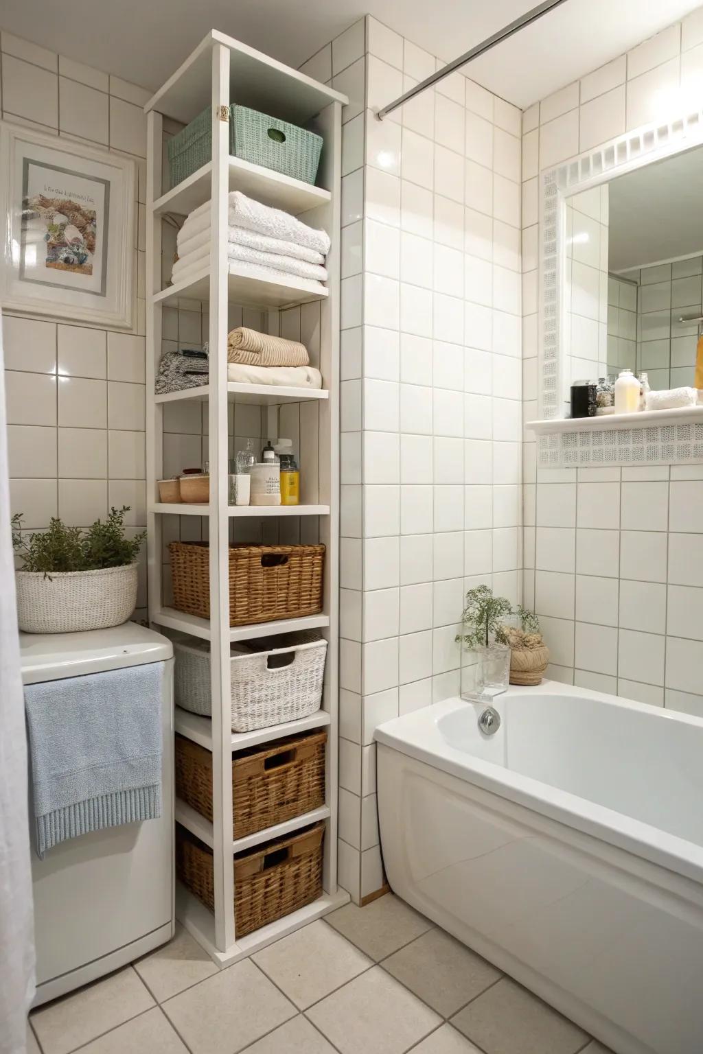 Vertical storage keeps a small bathroom organized and spacious.