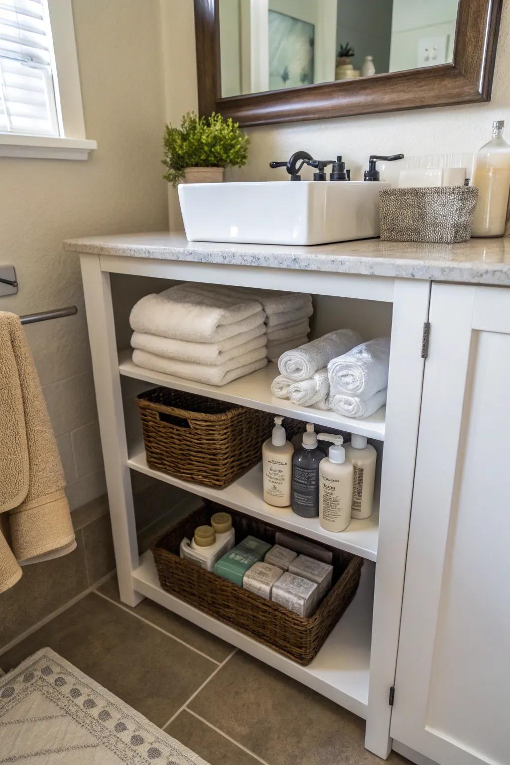 An open shelf organizer that gives you easy-to-reach storage in a compact bathroom.