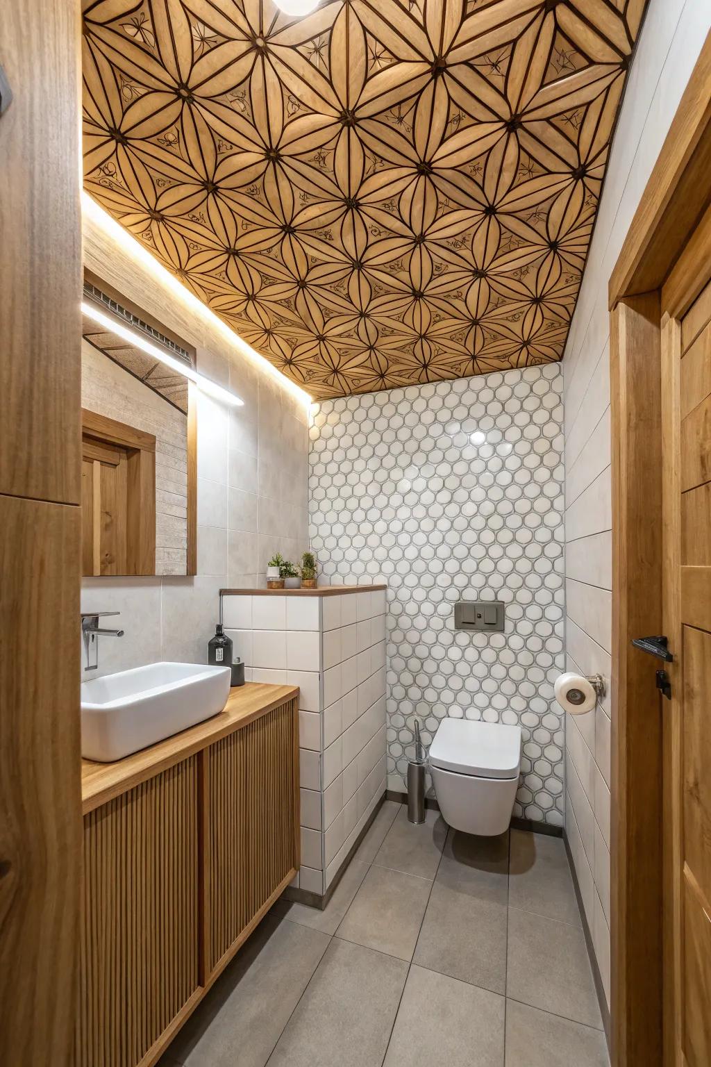 Geometric patterns add a contemporary accent to the ceiling.