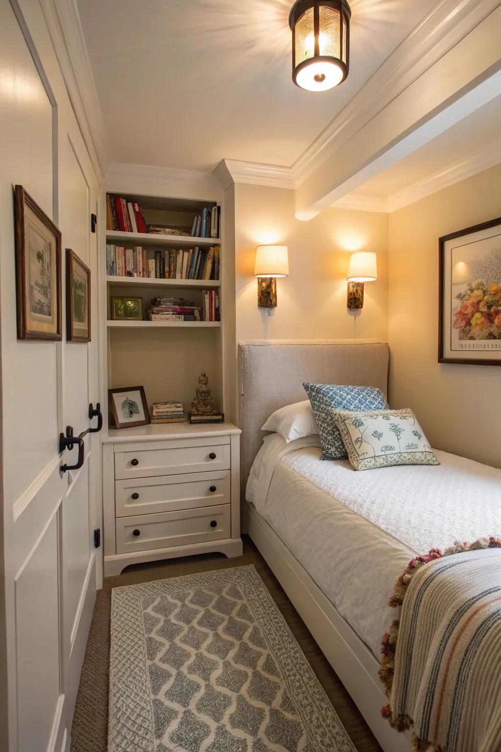 A small bedroom that makes use of wall sconces to save space and add lighting.