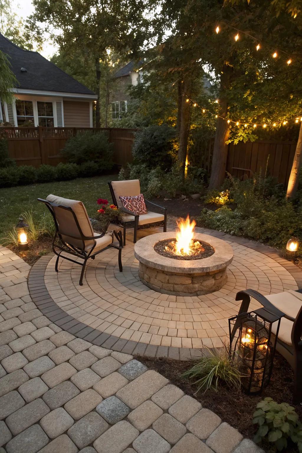 A brazier serves as a warm and inviting focal point.