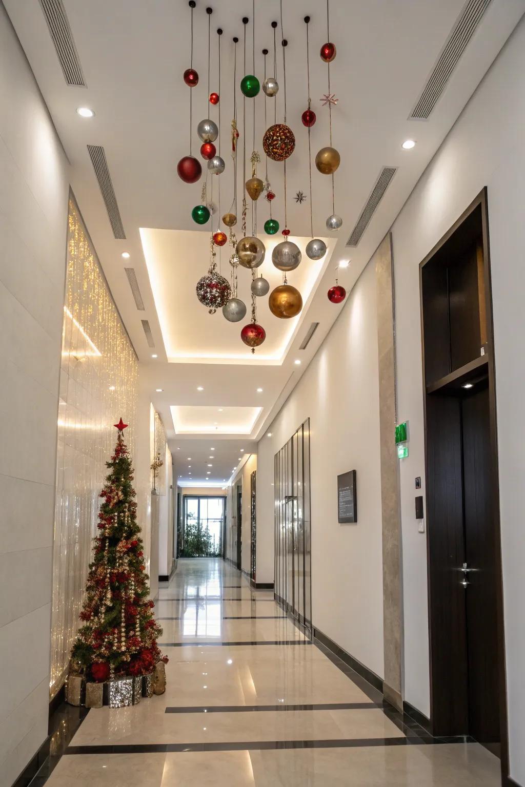 Levitating ornaments fashion a striking, ethereal evergreen impression.