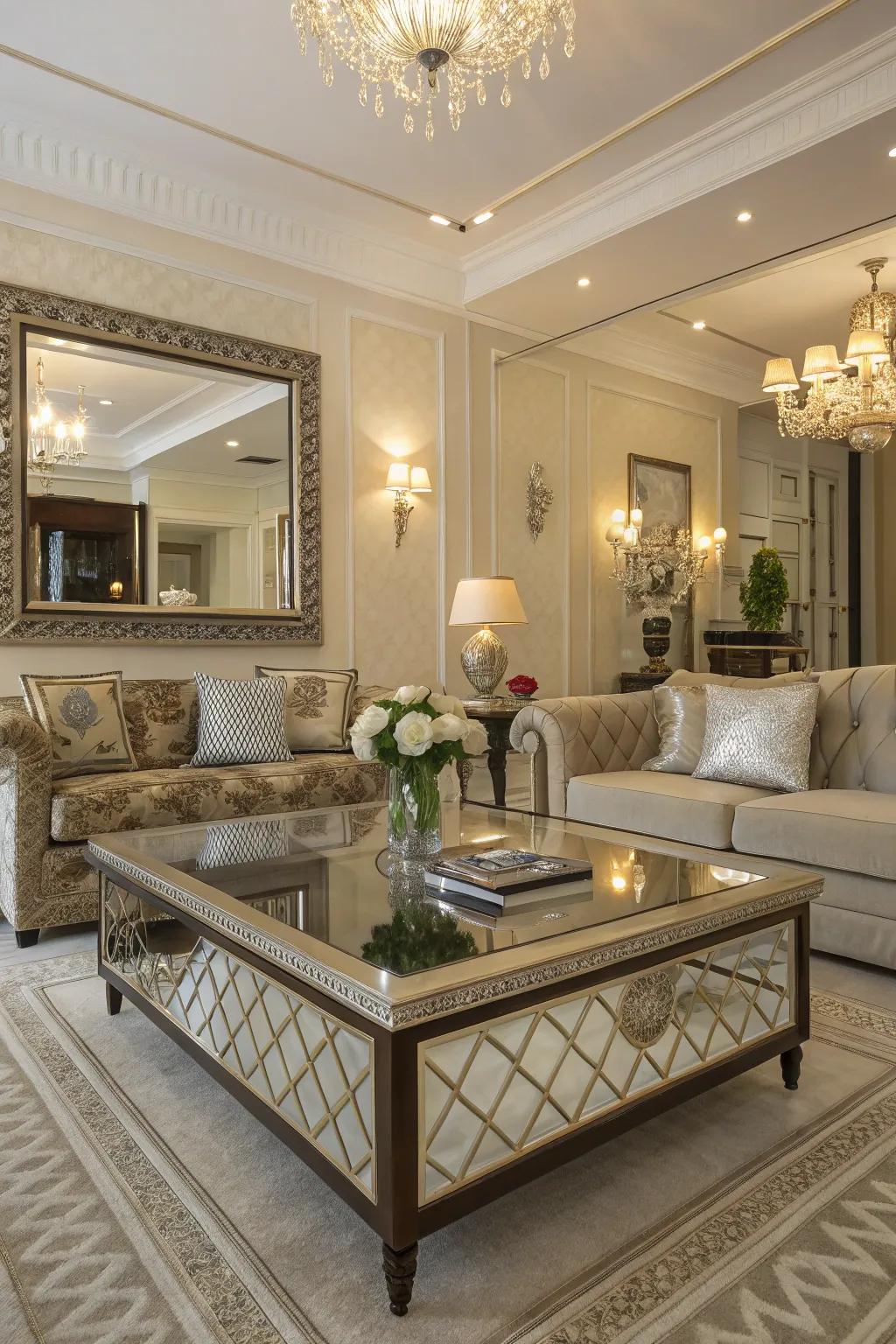 Mirrored tables enhance glamour and light in any space.