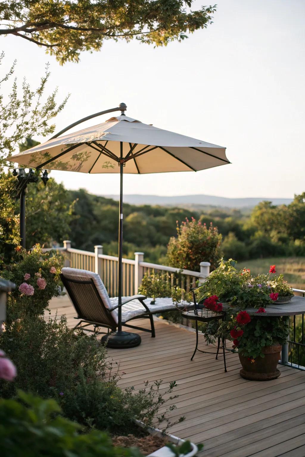 An umbrella offering flexible shade on a compact deck.