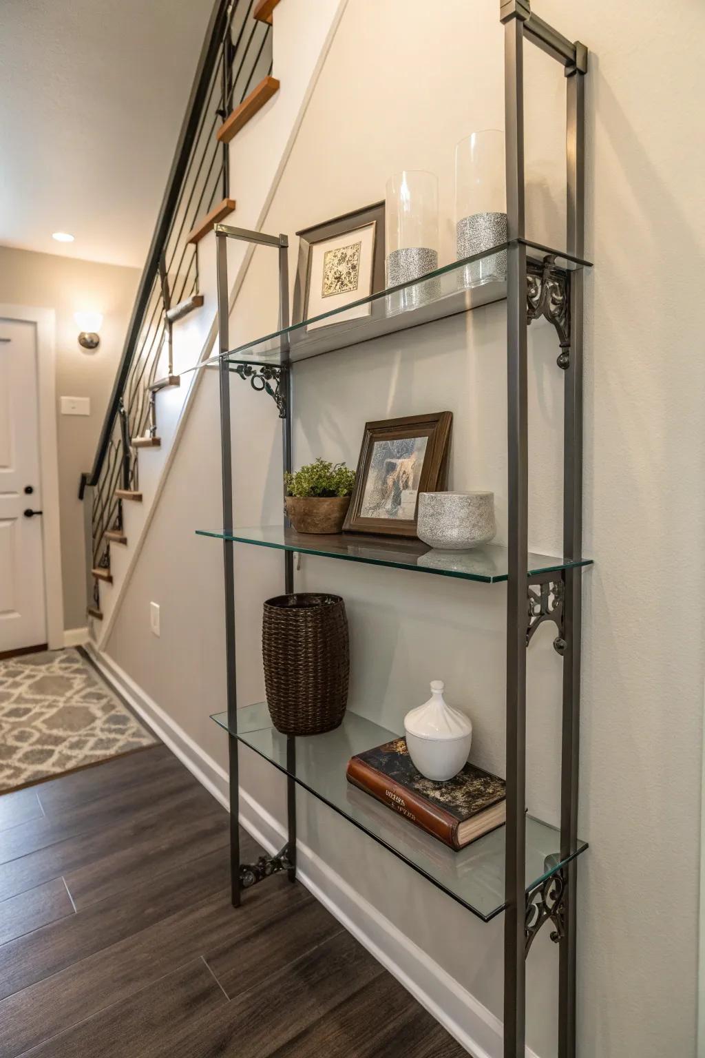 A glass and metal shelf adds a modern touch to small spaces.