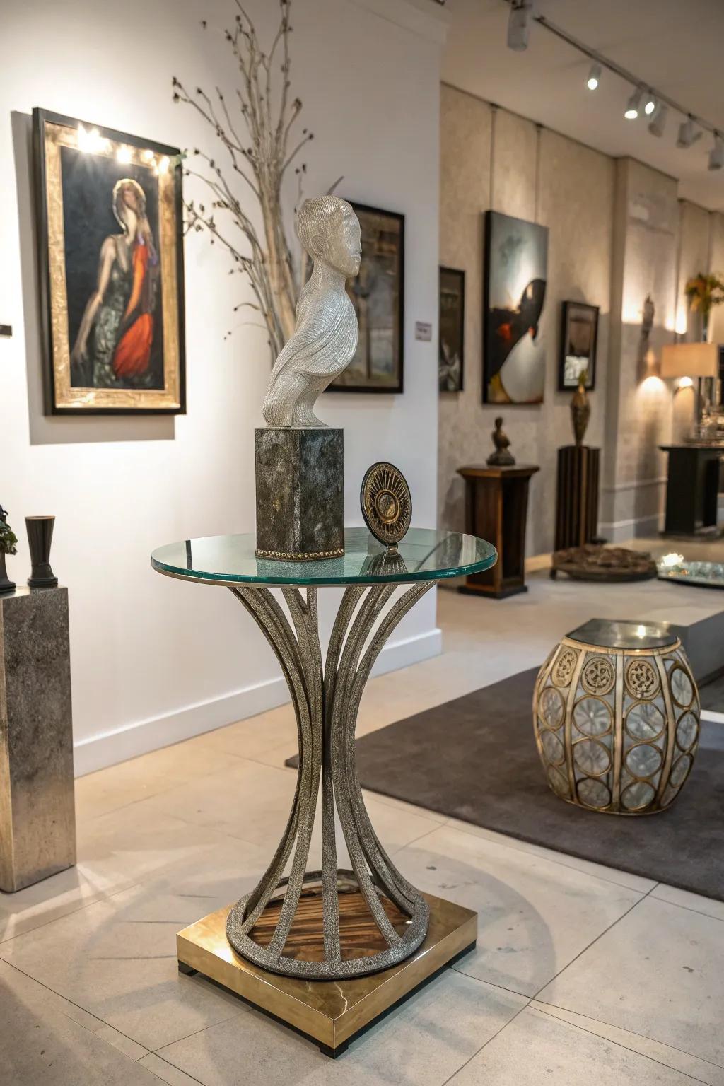 An artistic sculpture end table enhances the art-filled room.
