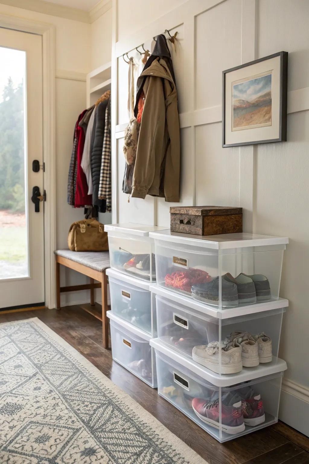Transparent boxes keep shoes dust-free and easy to find.