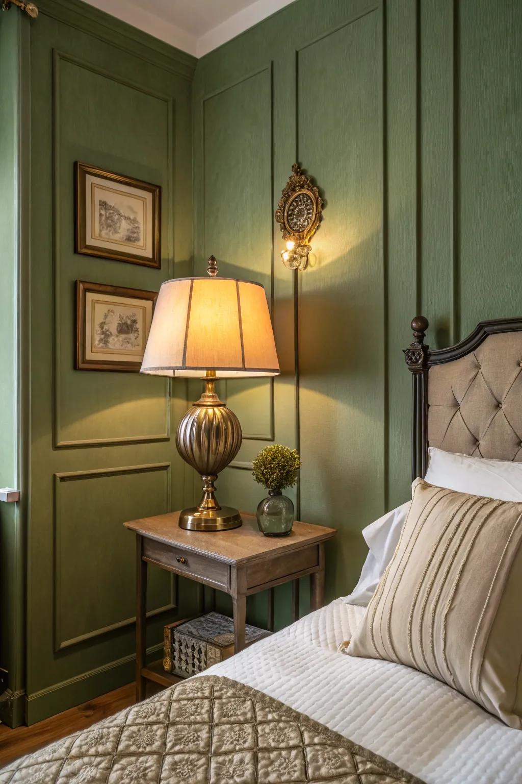 Olive green and vintage elements introduce timeless charm.