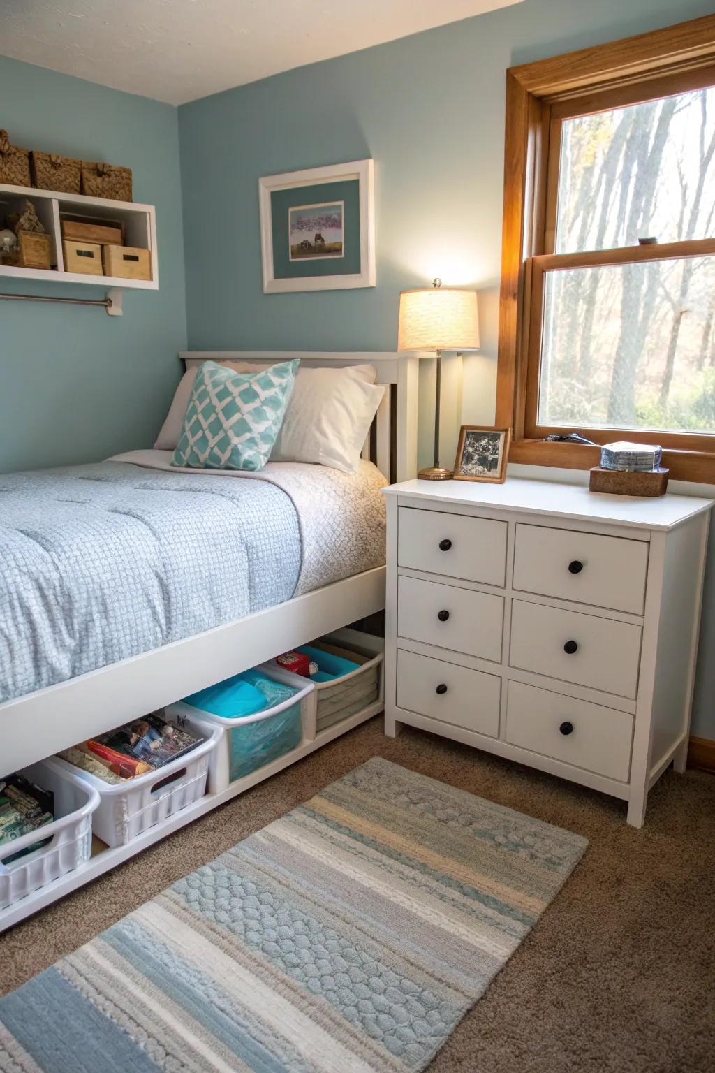 Under-bed storage optimizes space usage.