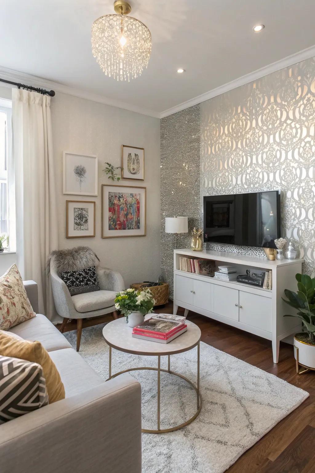 A compact living space showcasing a glossy wall for added glamour.