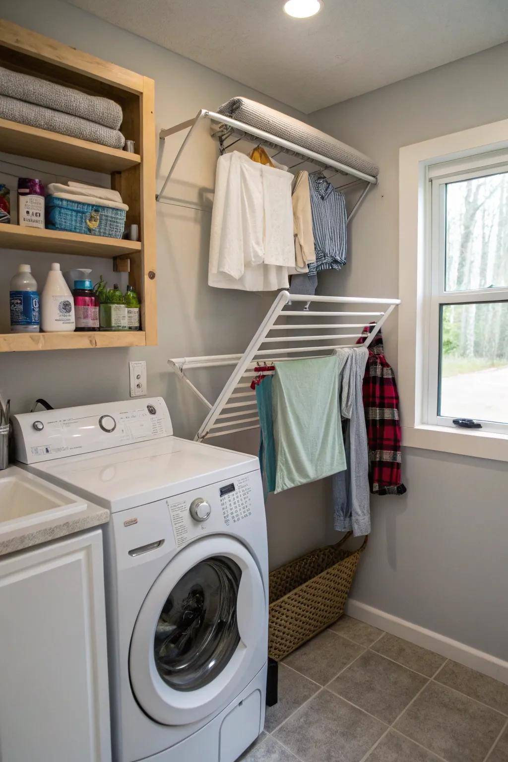 In cramped spaces, fold-down racks are a clever way to dry clothes.