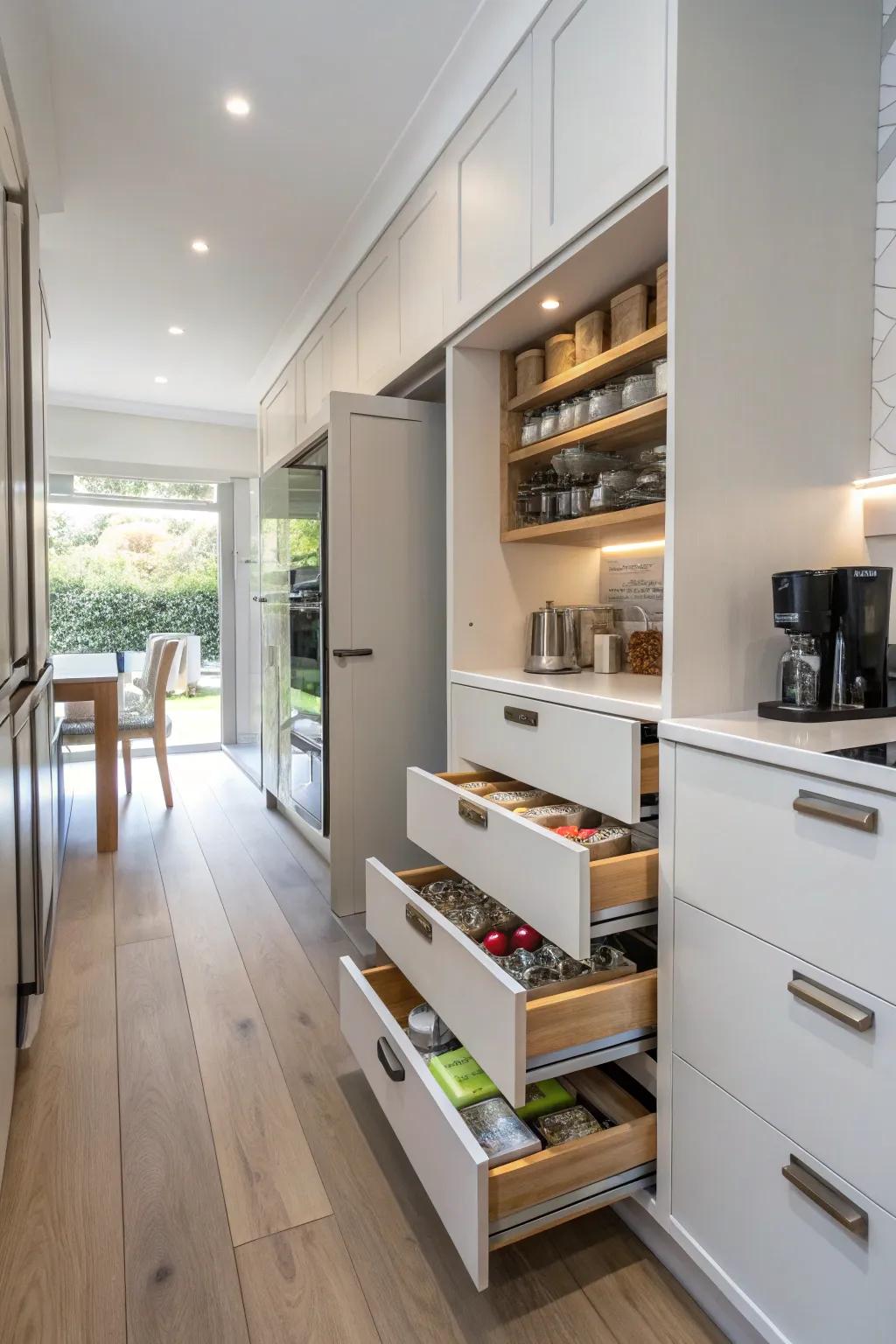Concealed storage maintains a smooth and orderly kitchen.