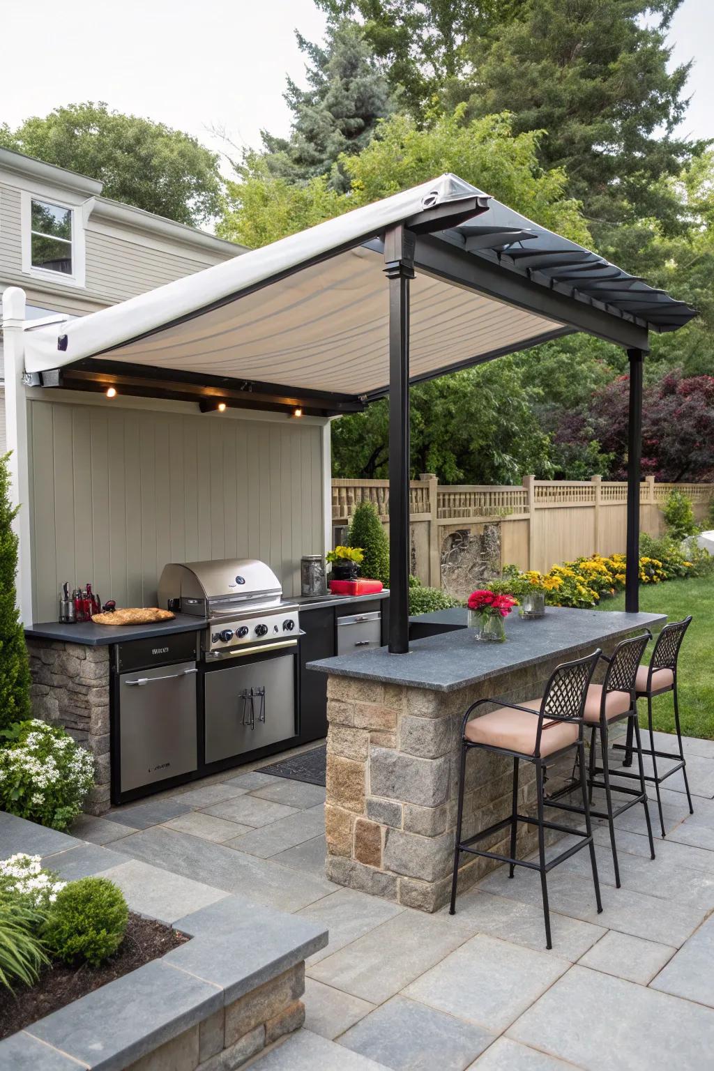 A retractable canopy adapts to any weather condition.