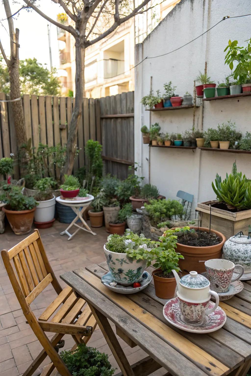 Repurposed items serve as standout planters on a patio.