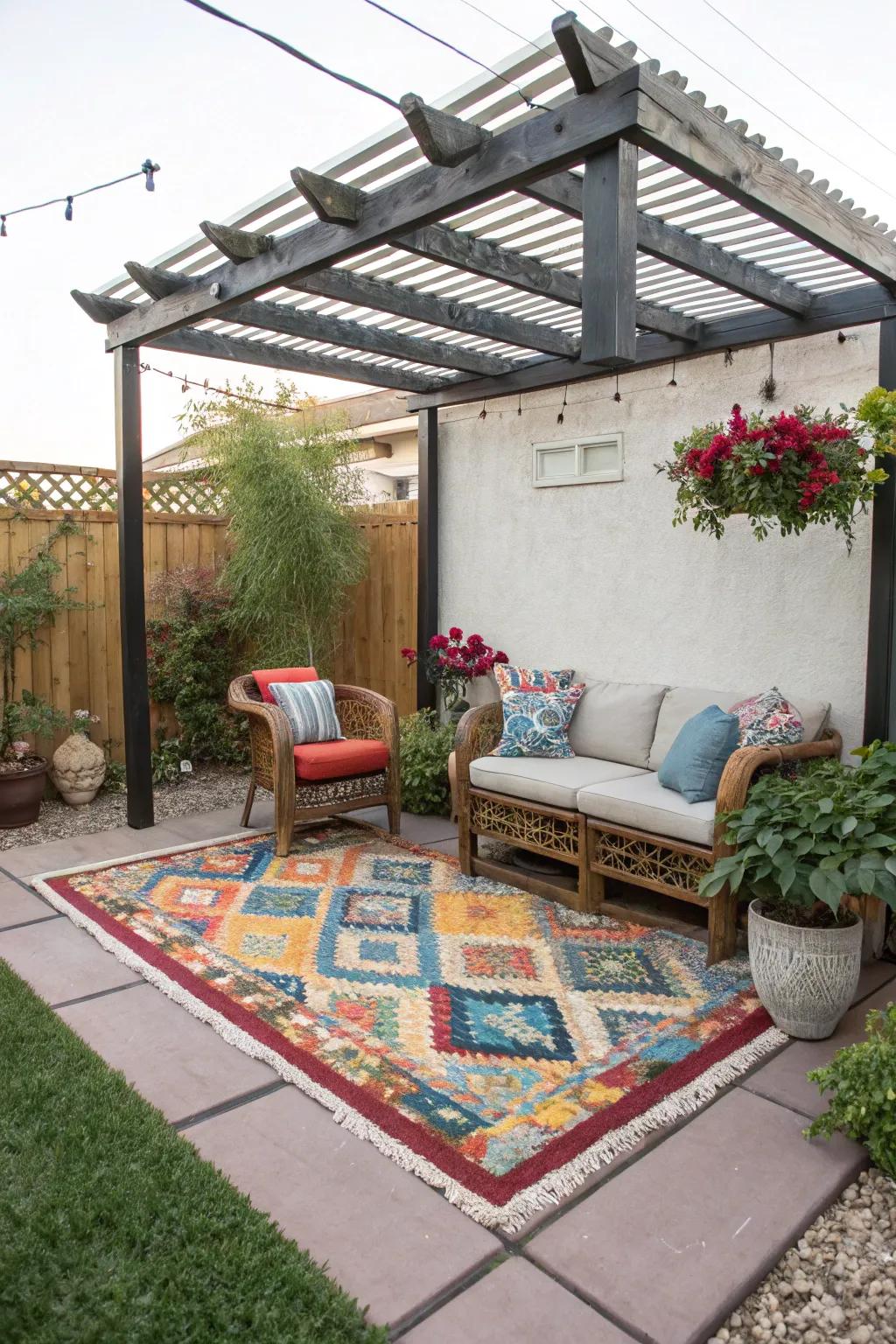 An exterior rug contributes color and comfort beneath a small canopy.