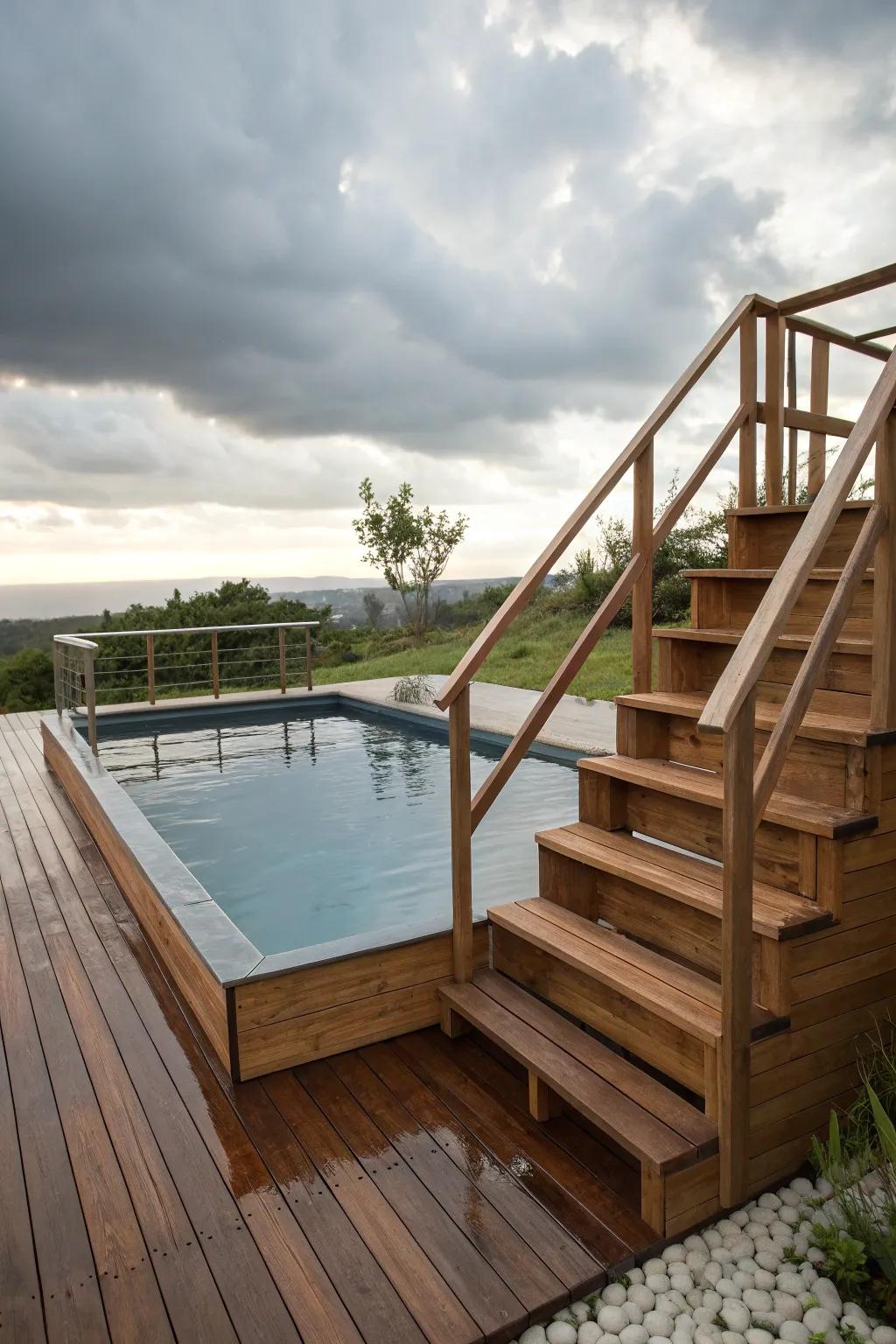 A compact above-ground pool presenting effortless access and allure.