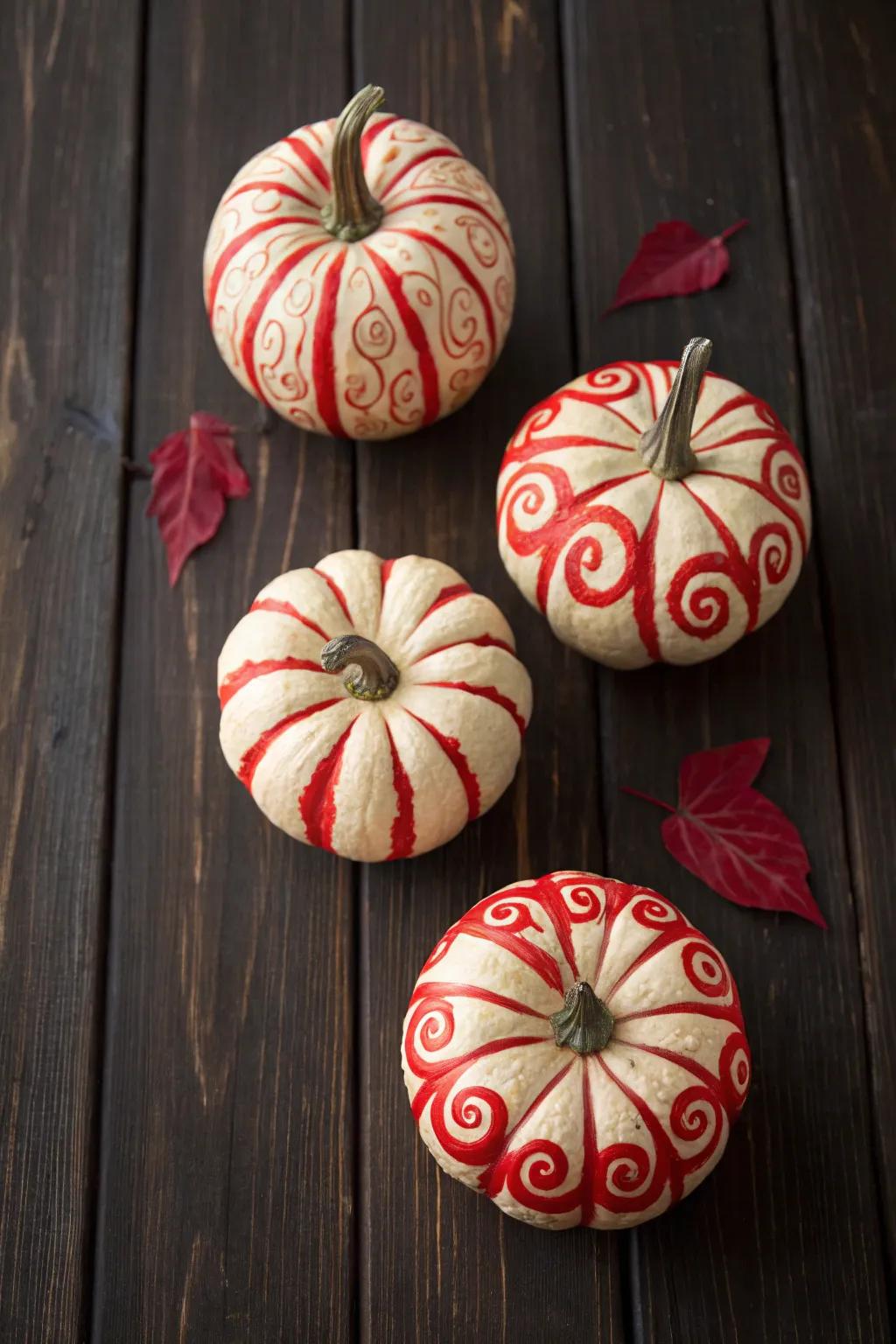 Crimson-swirled pumpkins makes a dramatic, bold statement.