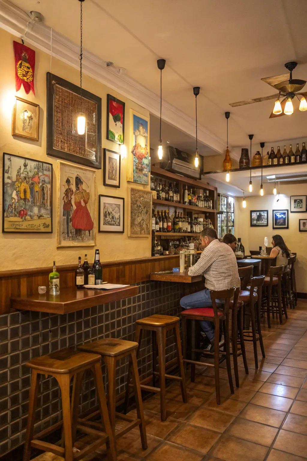 Local art infuses unique character and allure, making a small restaurant bar truly memorable.