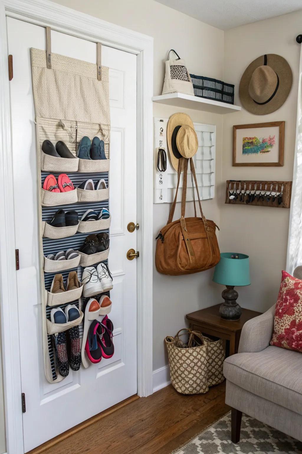 Door-affixed organizers maximize unused expanse.