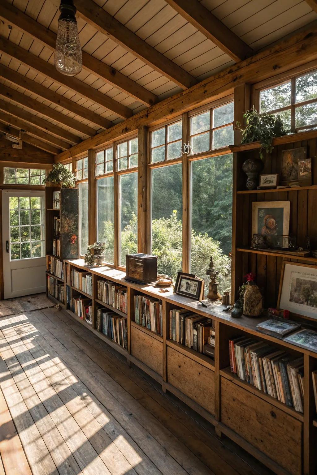 Displayed collections add personal character to this country-style sunroom.