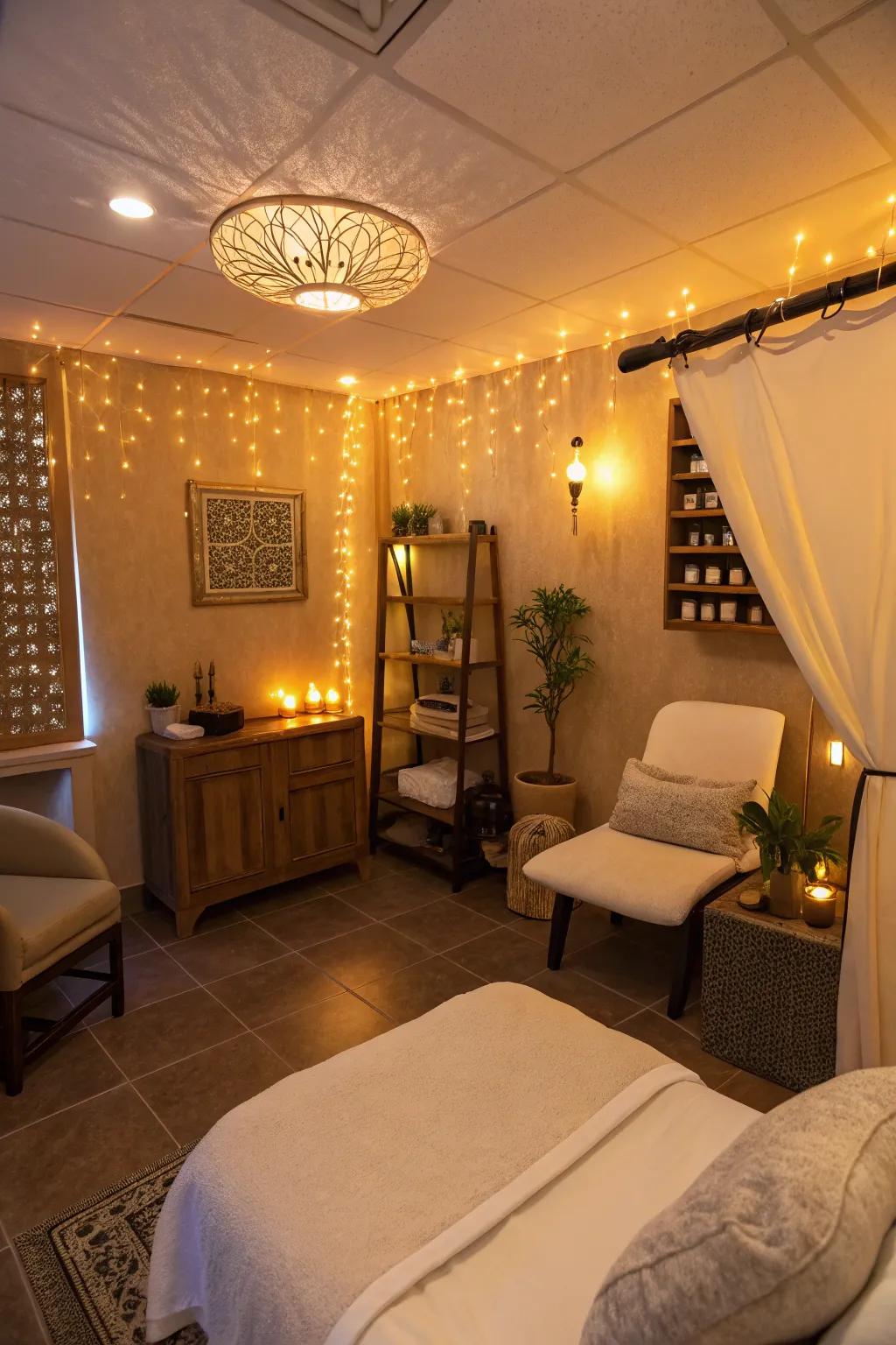 Luminescent mood lighting customizes the salon's ambiance.
