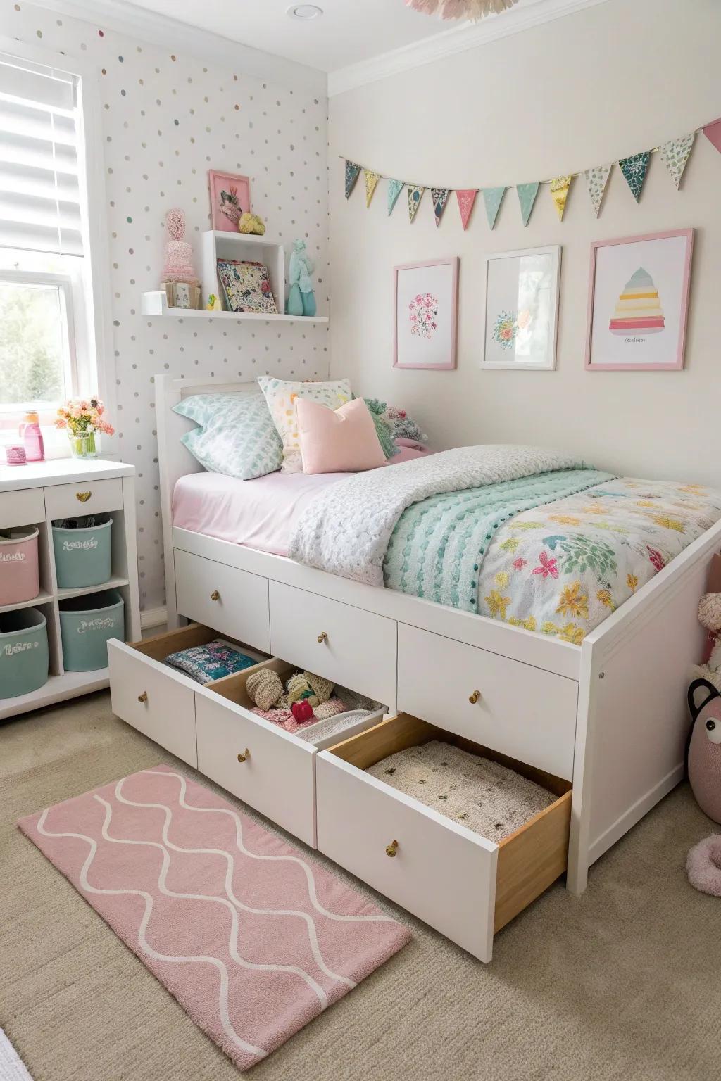 Hidden storage keeps the room tidy and spacious.