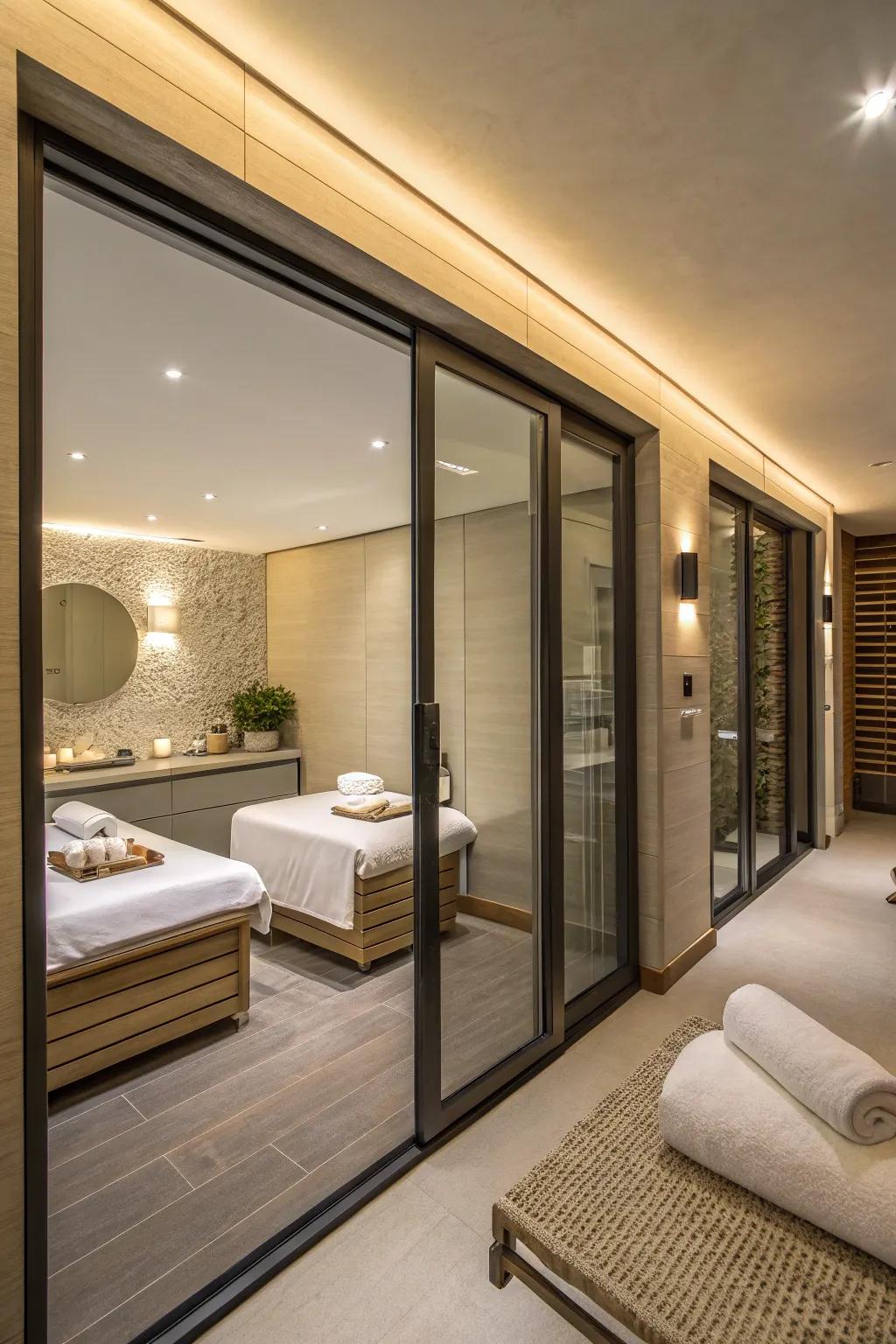 Space-saving pocket doors in a spa room