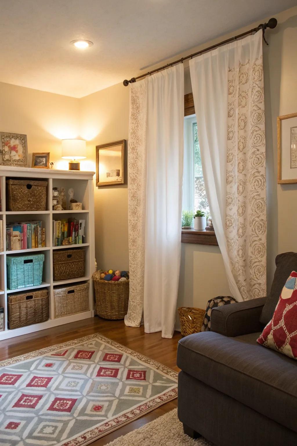 A curtain to hide and organize toy storage solutions.