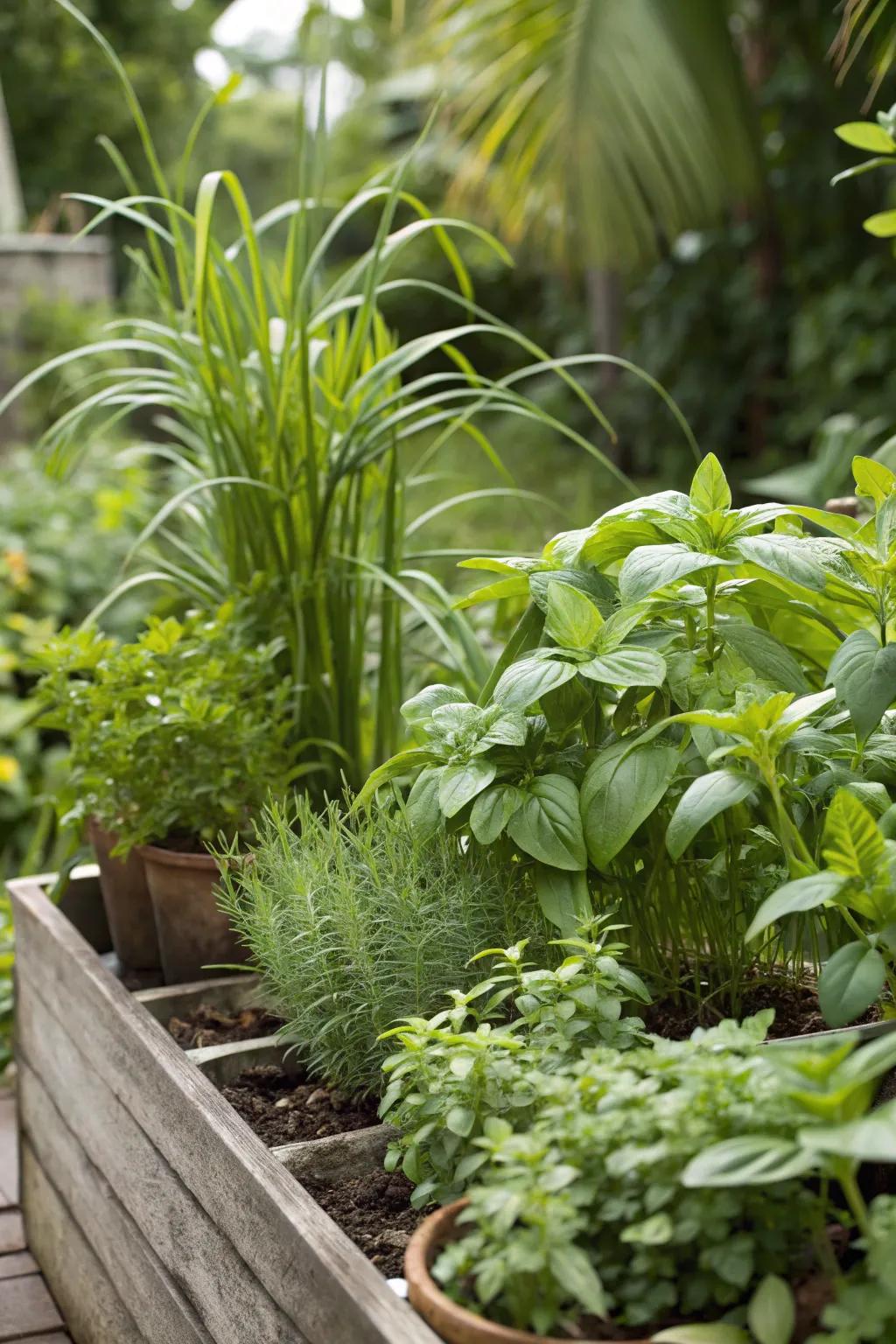 A tropical herb garden delivers both splendor and functionality.