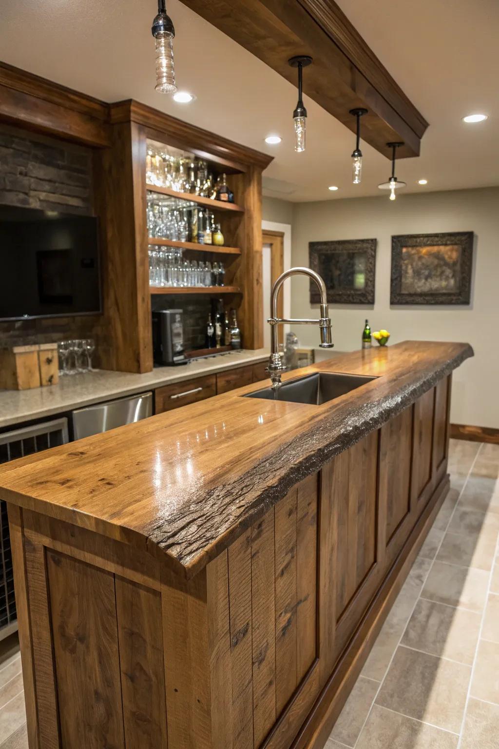 An organic wood trim worktop serving as a focal feature within a small wet bar.