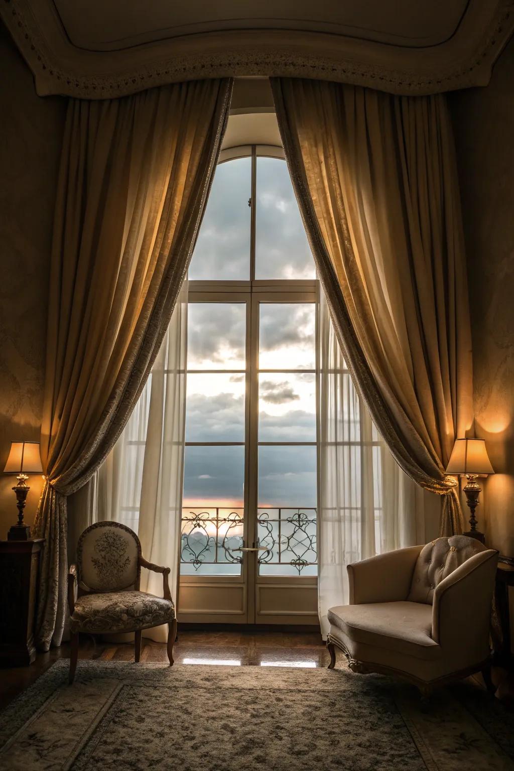 Floor-length curtains add a dramatic and elegant flair to small windows.