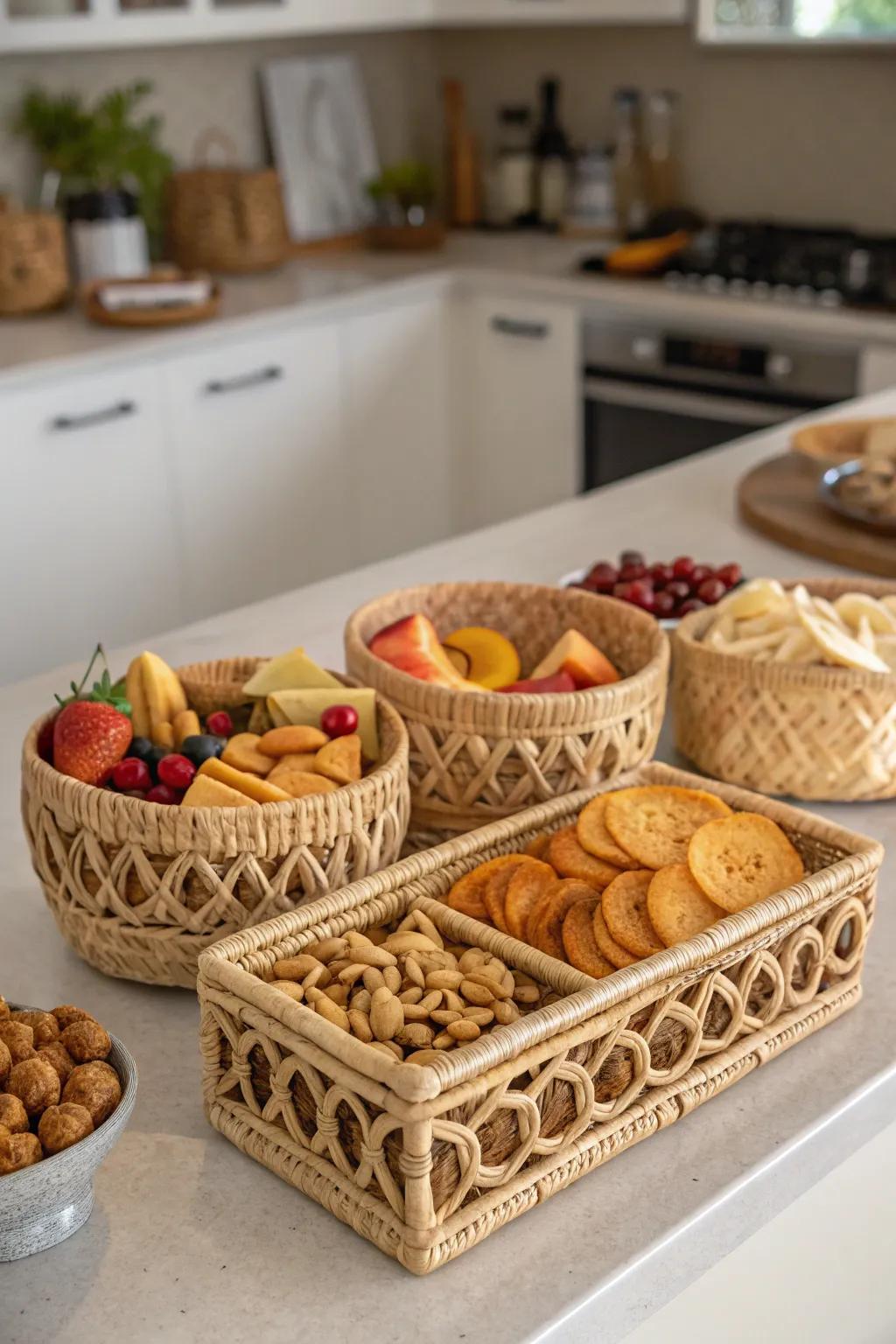 Elegant baskets combine flair and practicality in snack storage.