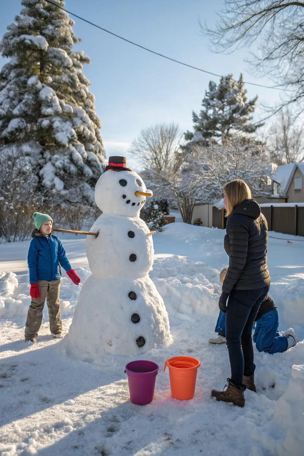 An interactive snowman poised for a delightful snow pellet toss.