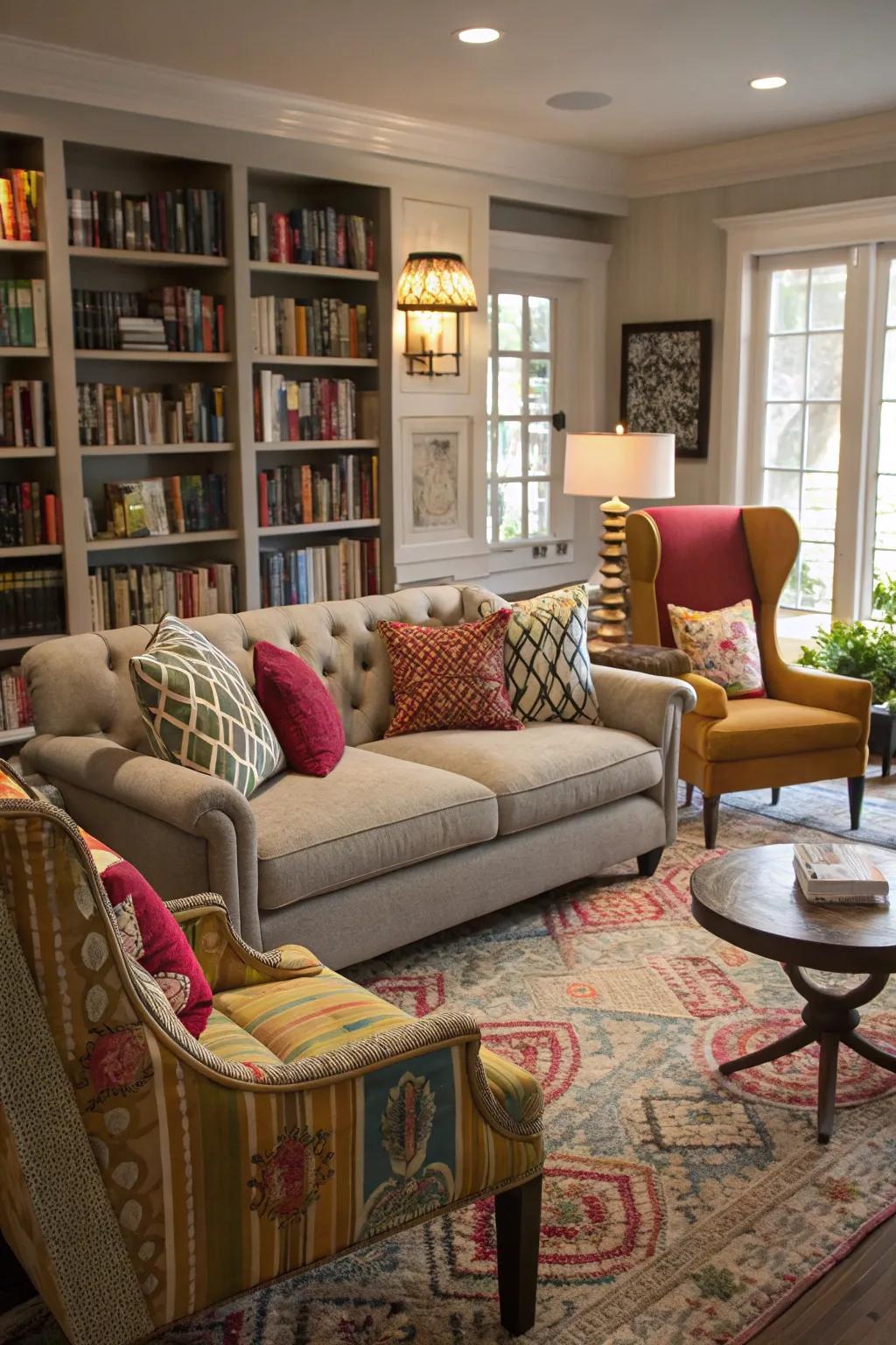 Mixing various chair styles around a sofa builds unique charm.