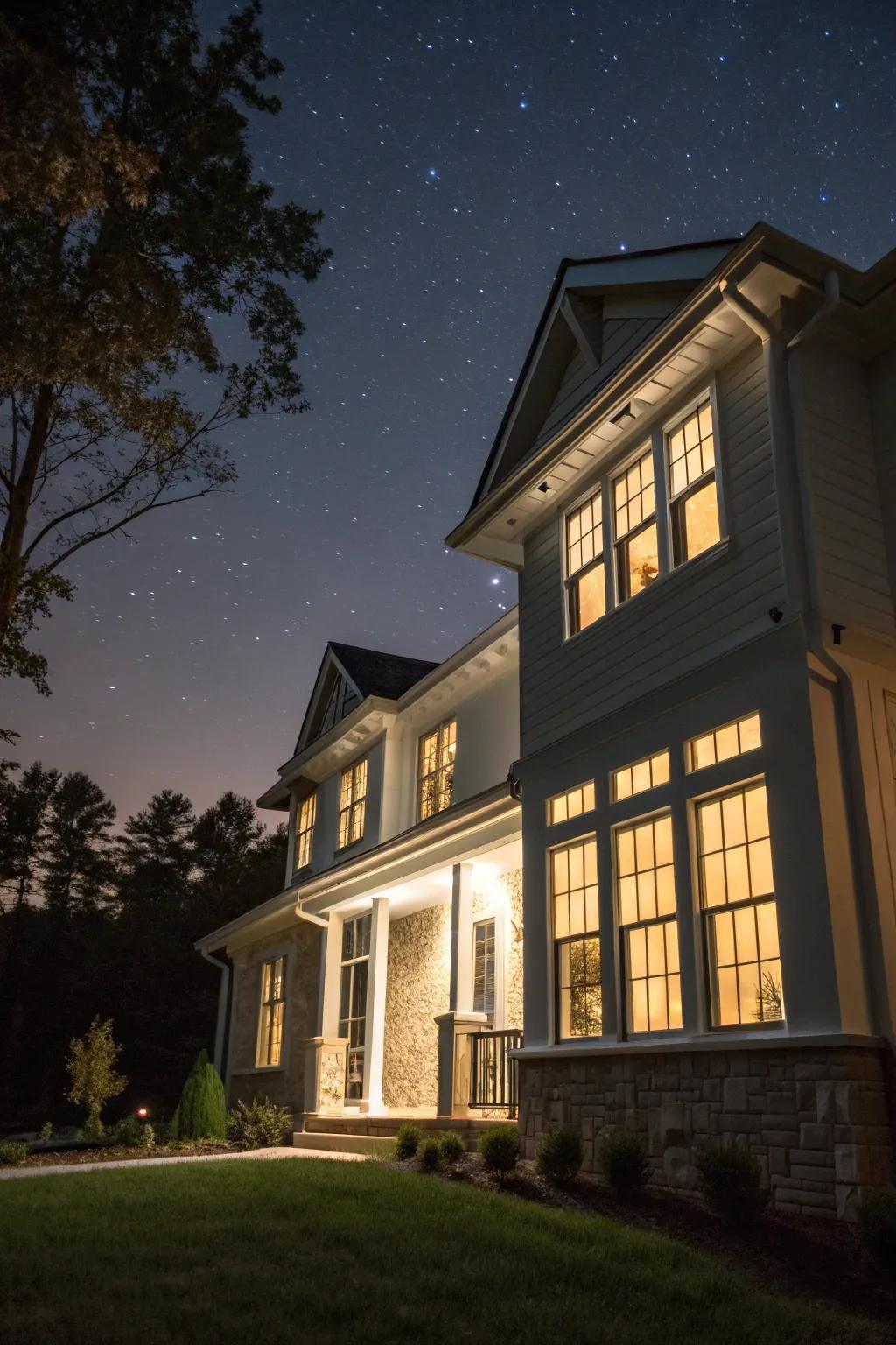 Subtle soffit lighting elegantly highlights a home's windows at night.