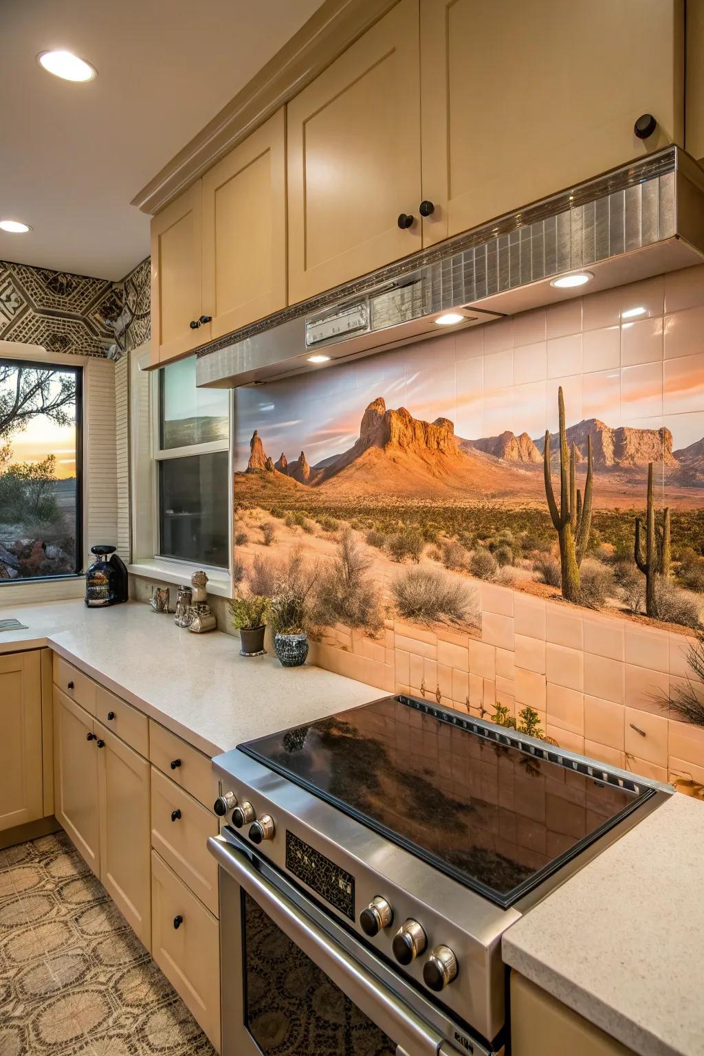 A desert scene mural turns your backsplash into a striking centerpiece.