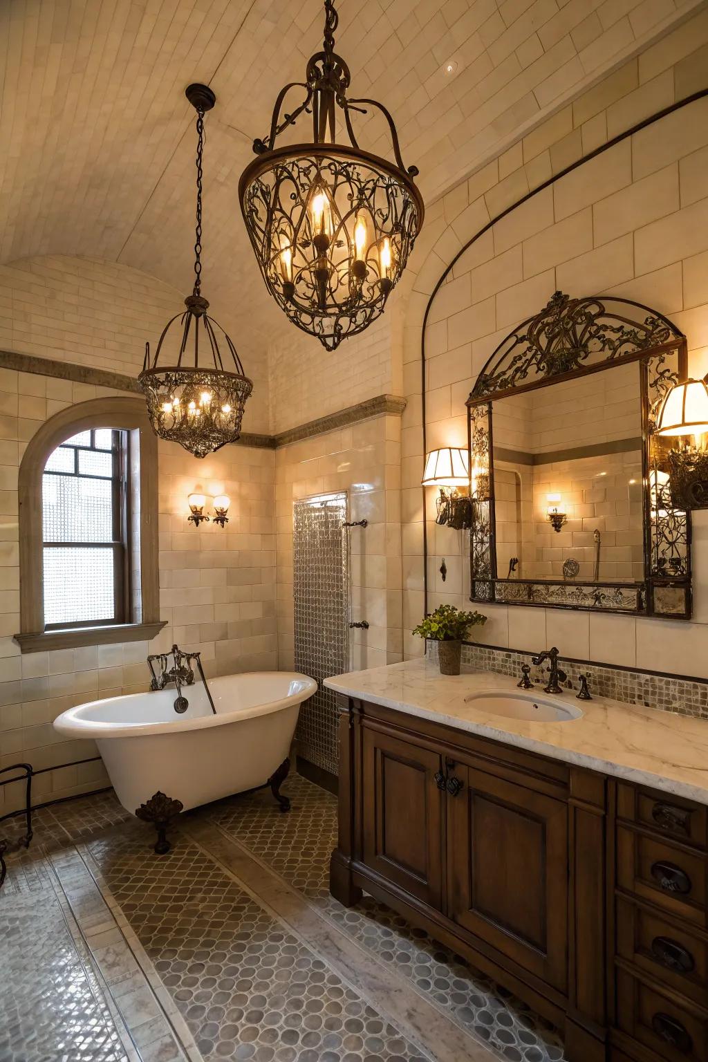 Vintage light fixtures enhance the old-world ambiance.