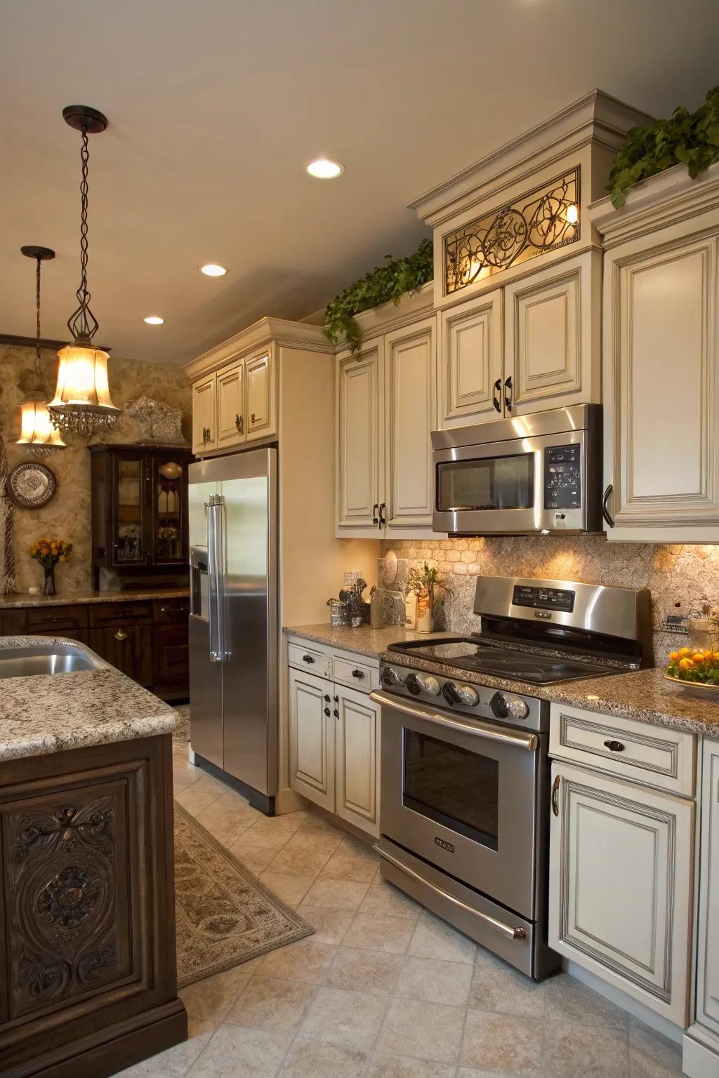 A mix of modern appliances and traditional elements creates balance.