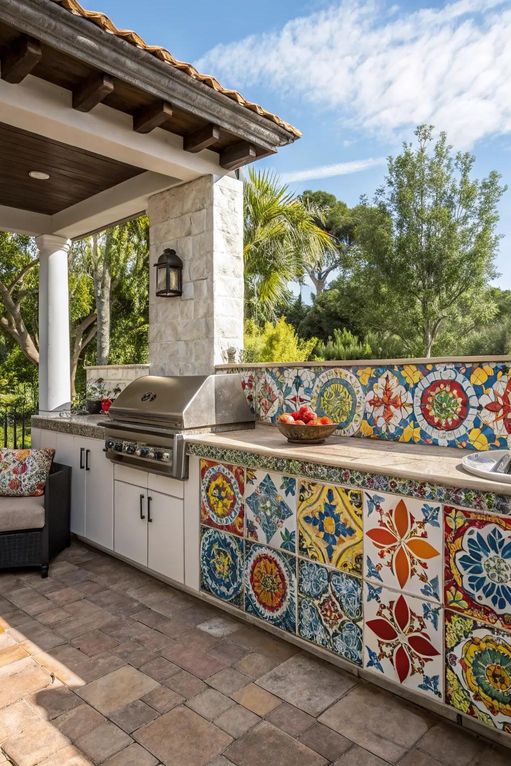 A vibrant Spanish tile backsplash serves as a stunning focal feature in this outdoor kitchen.