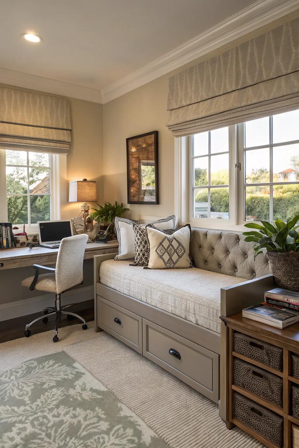 Rolling beds provide a compact and cozy guest solution.