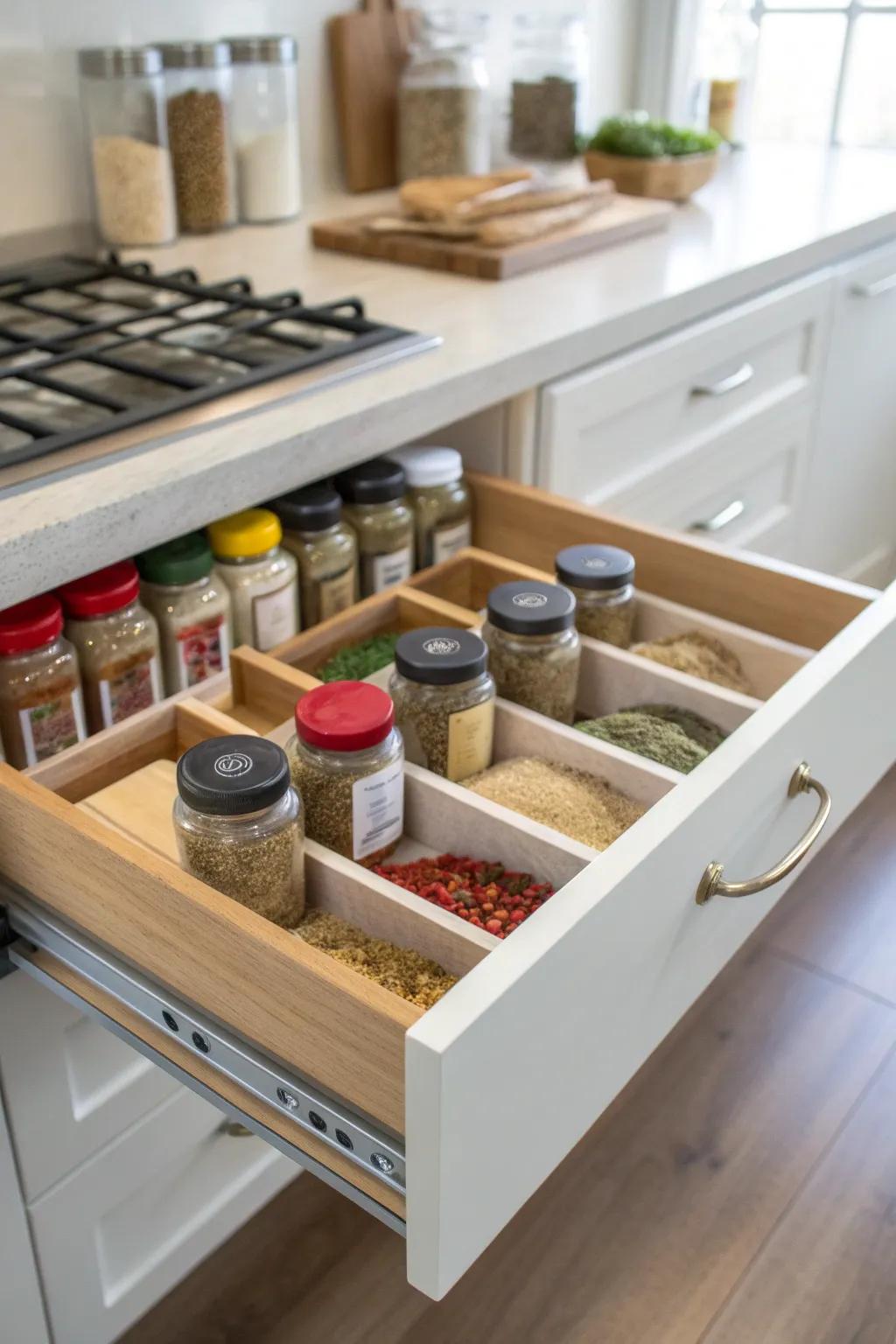 Specialized drawer parts ensure excellent spice organization.
