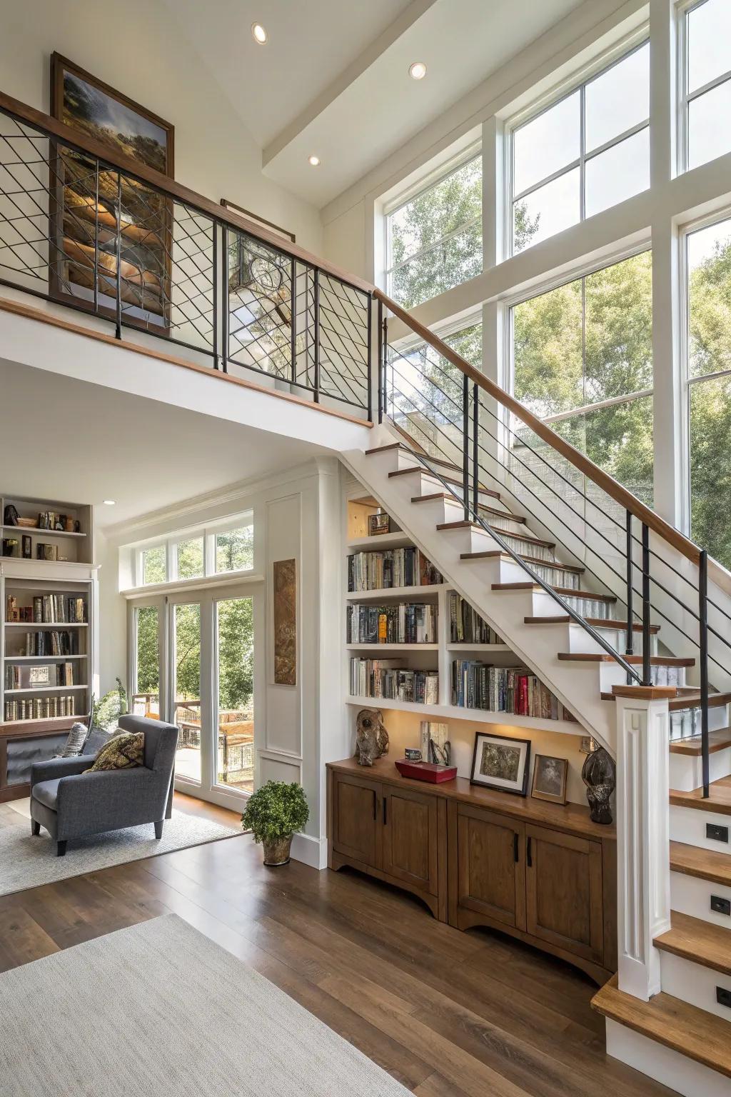 Integrated shelving in railing design adding functionality to a split-level residence.